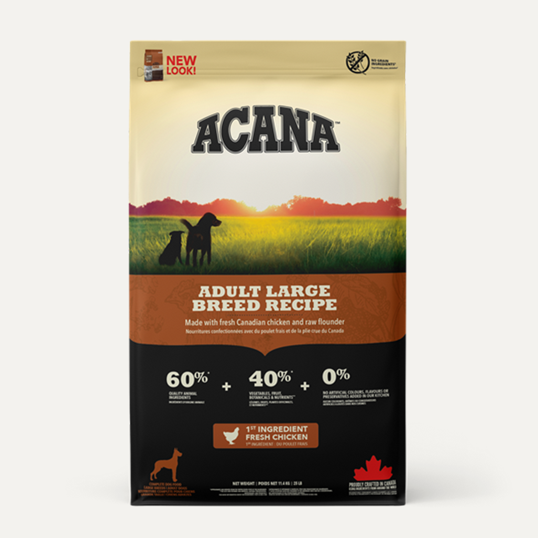 Acana adult large breed recipe. Dog food with chicken