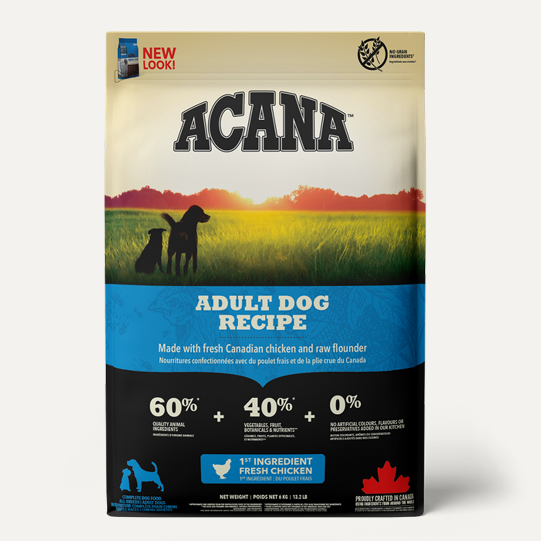 Acana dog food for adult dogs. Natural ingredients.