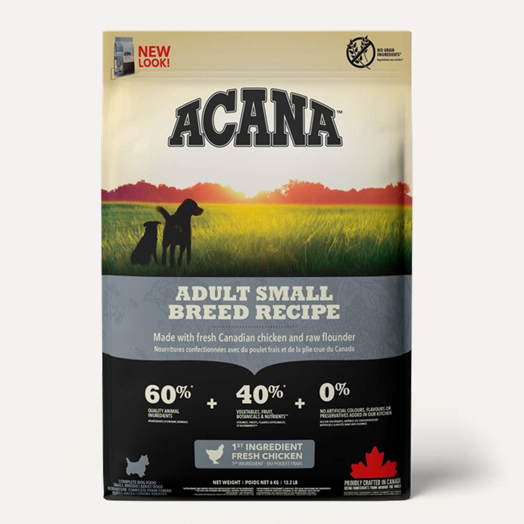 Acana adult small breed recioe with chicken. Grain free.