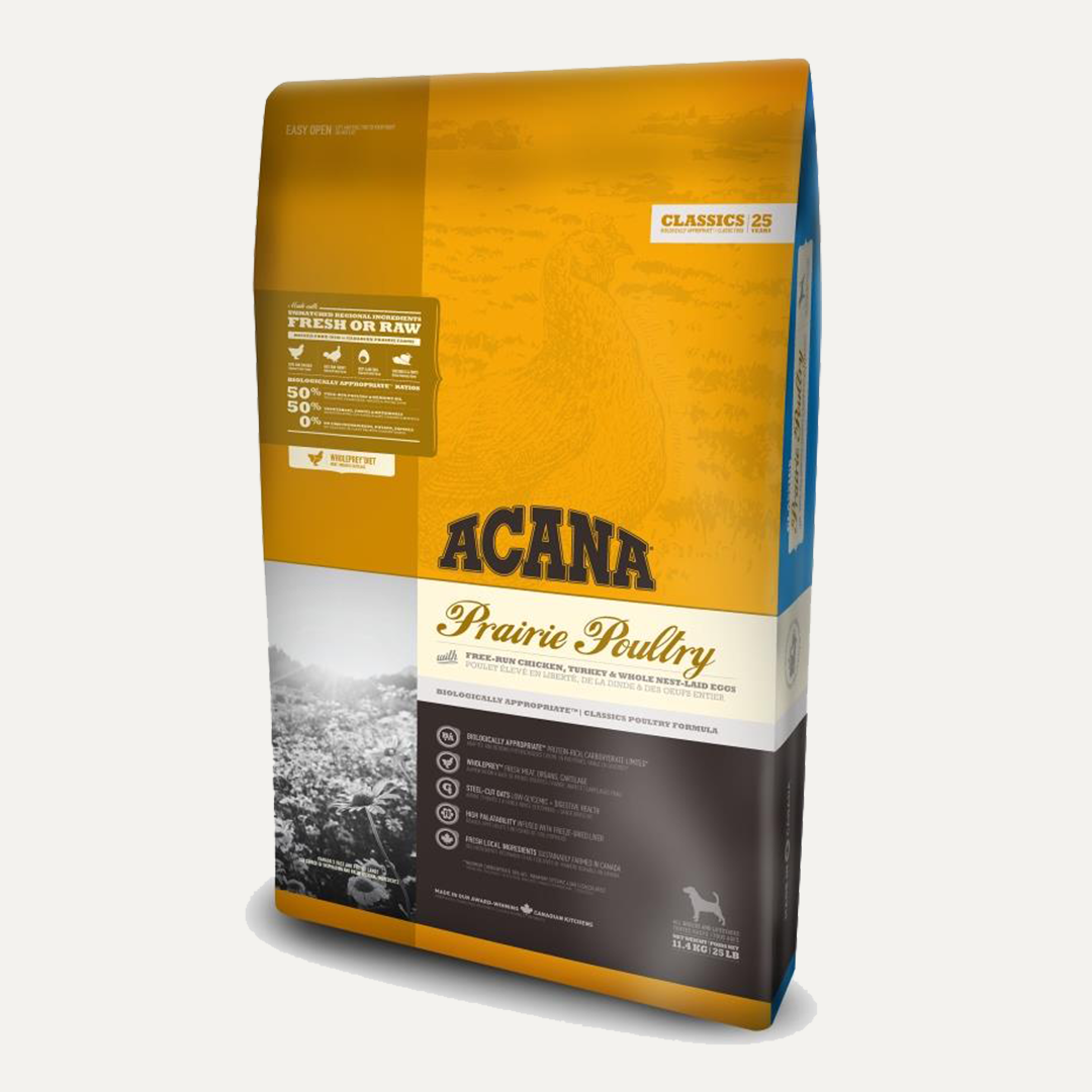 Acana Prairie Poultry Classic with free range chicken, turkey and lamb for dogs.