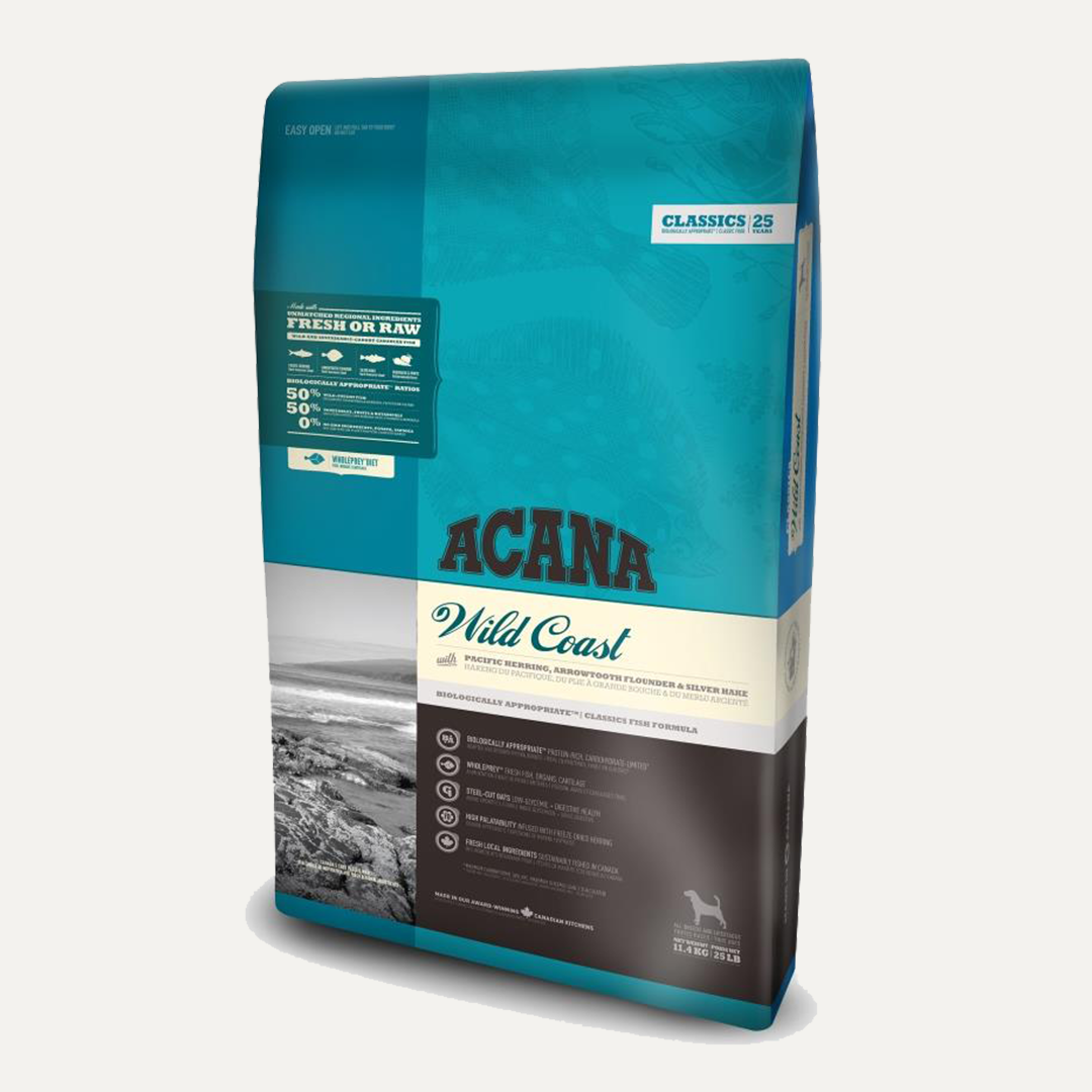 Acana Wild Coast Classic with fish. A great source for omega 3 &amp; 6. 