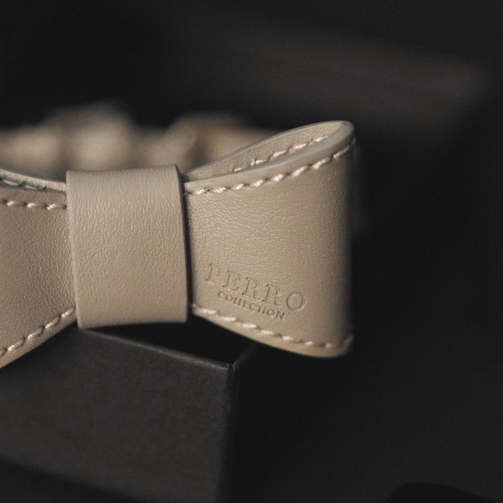 BEIGE LEATHER BOWTIE - PRECIOUS PET