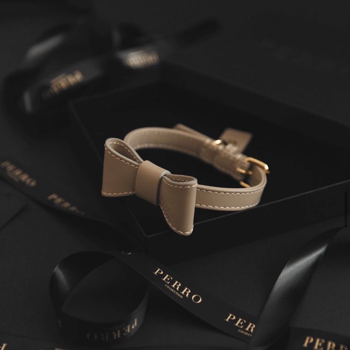 BEIGE LEATHER BOWTIE - PRECIOUS PET