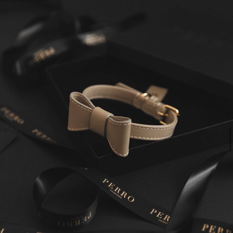 BEIGE LEATHER BOWTIE - PRECIOUS PET